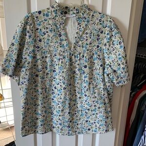 Puff Sleeve Blue Green Floral Eyelet Blouse from Avara